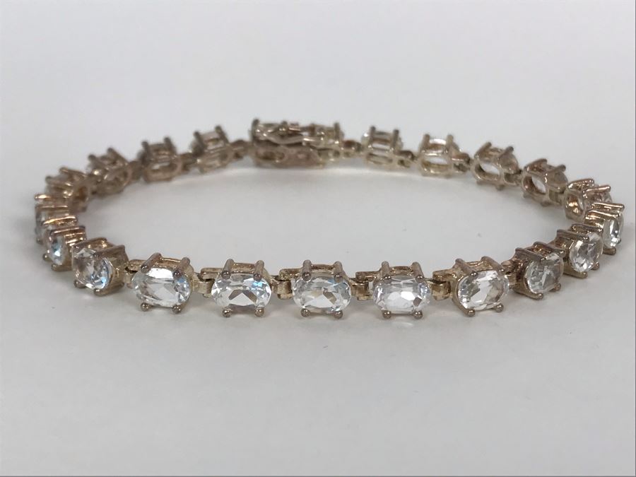 Sterling Silver Thai ALX White Topaz Oval Link Tennis Bracelet 18.5g [Photo 2]