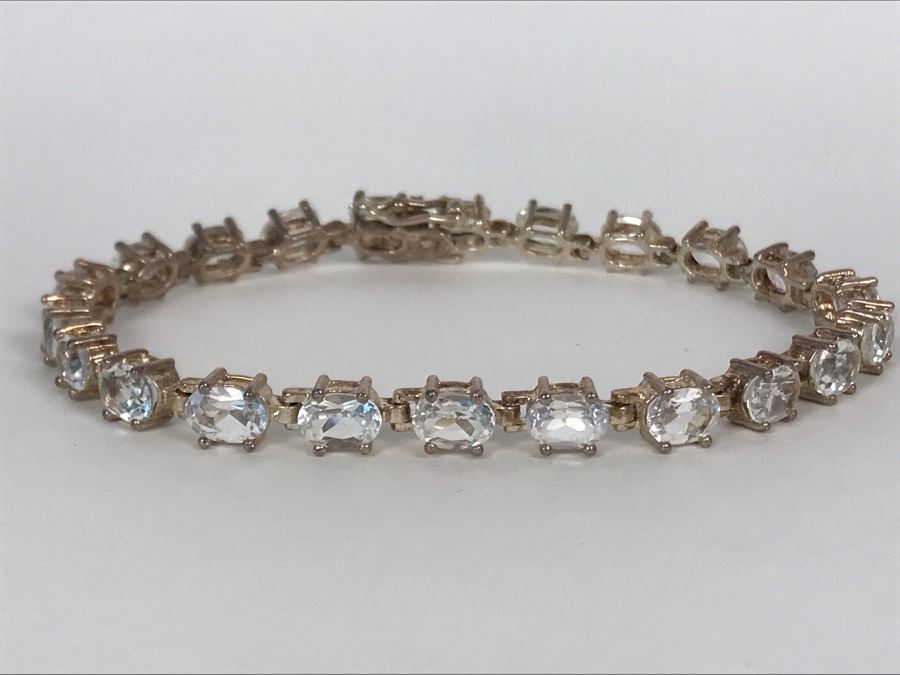 Sterling Silver Thai ALX White Topaz Oval Link Tennis Bracelet 18.5g