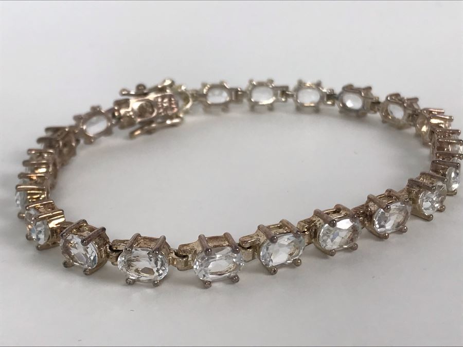 Sterling Silver Thai ALX White Topaz Oval Link Tennis Bracelet 18.5g [Photo 8]