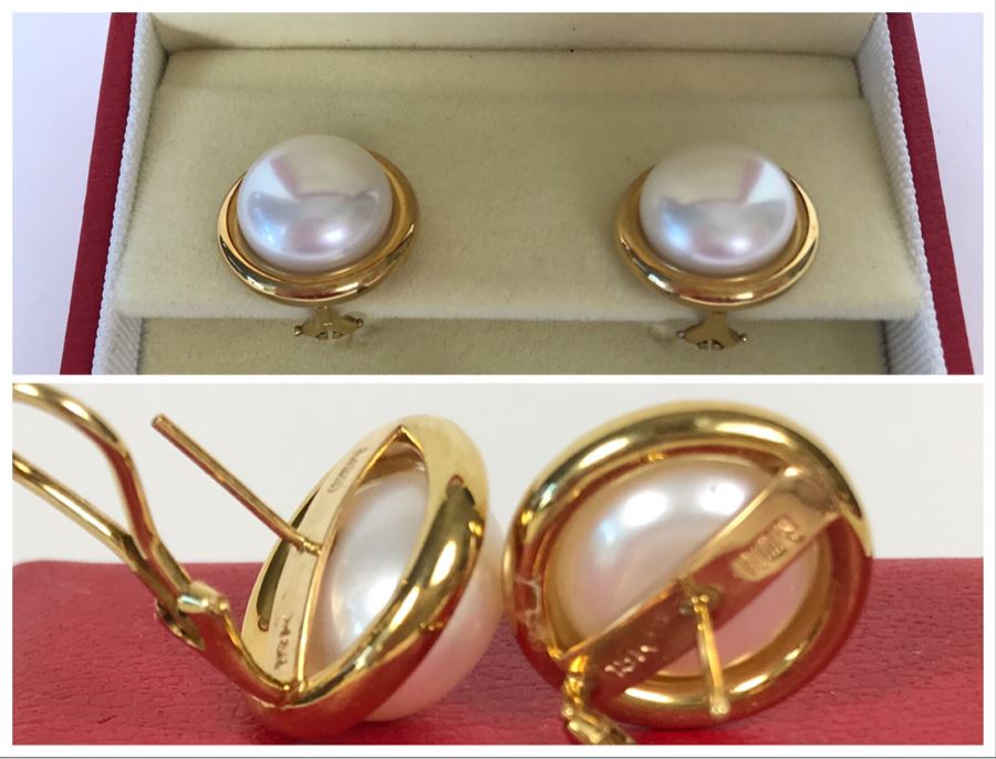 18K Gold GUMPS Pearl Earrings In Original Box 17g