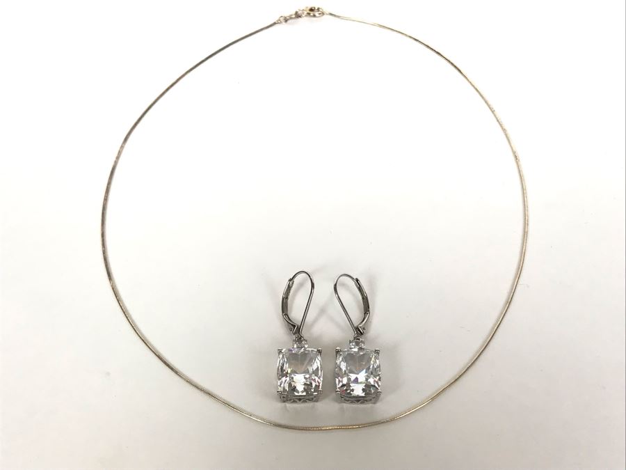 Sterling Silver CZ Earrings And Sterling Silver Necklace 9.7g [Photo 1]