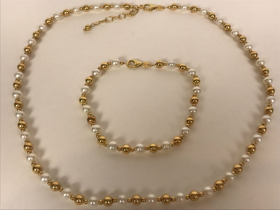 14K Gold Pearl Necklace With Matching 14K Gold Pearl Bracelet 17.7g [Photo 3]