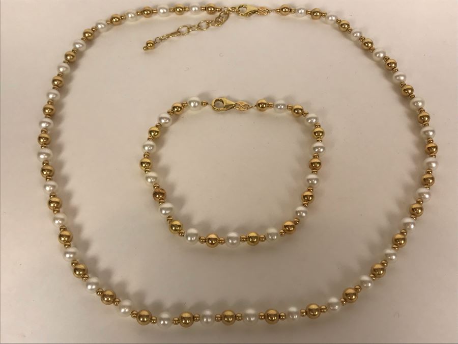 14K Gold Pearl Necklace With Matching 14K Gold Pearl Bracelet 17.7g [Photo 1]