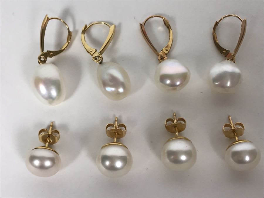 (4) Pairs Of Pearl 14K Gold Earrings 14g