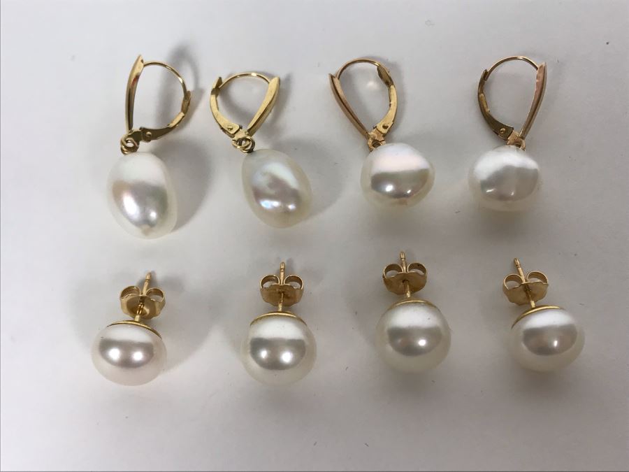 (4) Pairs Of Pearl 14K Gold Earrings 14g [Photo 2]