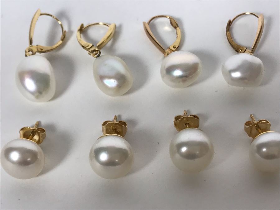 (4) Pairs Of Pearl 14K Gold Earrings 14g [Photo 3]