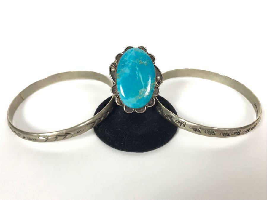 Pair Of Sterling Silver Bracelets (36g) And Turquoise Ring Size 6.5 [Photo 1]
