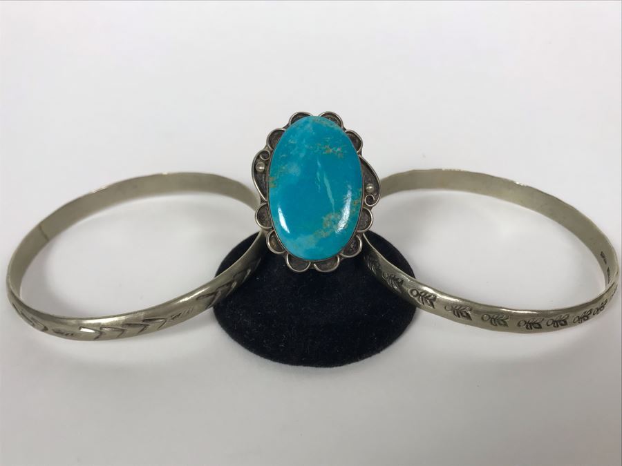 Pair Of Sterling Silver Bracelets (36g) And Turquoise Ring Size 6.5 [Photo 2]