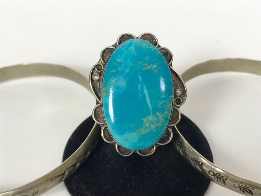 Pair Of Sterling Silver Bracelets (36g) And Turquoise Ring Size 6.5 [Photo 3]