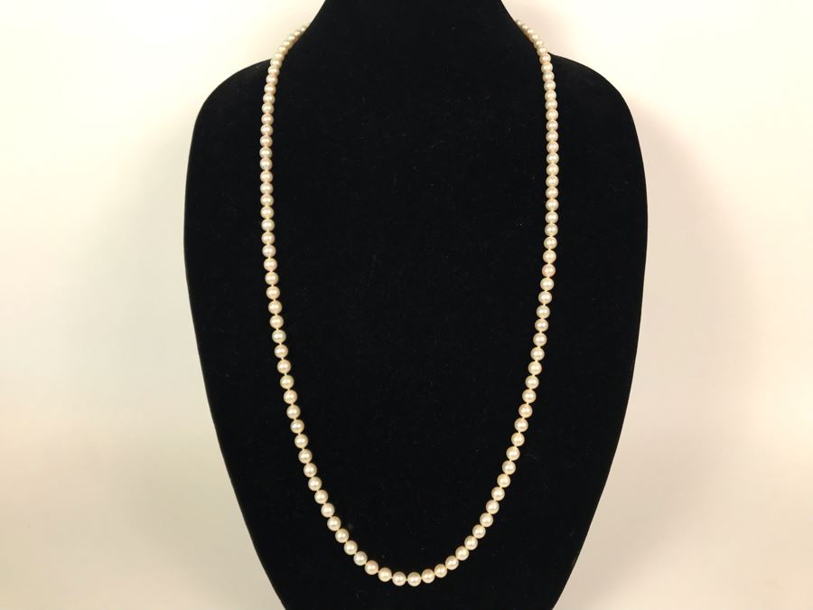 Long Pearl Necklace With 14K Gold Clasp 34'L