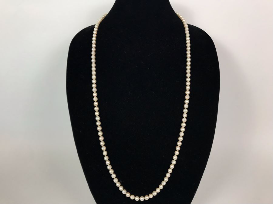 Long Pearl Necklace With 14K Gold Clasp 34'L