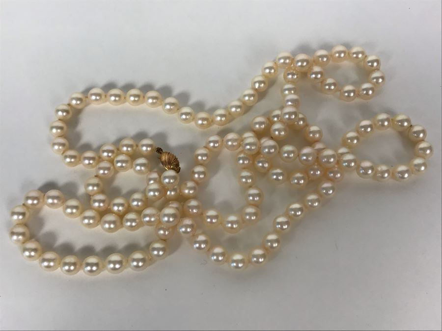 Long Pearl Necklace With 14K Gold Clasp 34'L