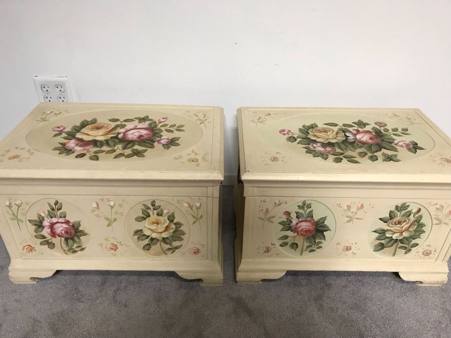 Pair Of Hand Painted Shabby Chic Trunks Chests 24W X 16D X 16H [Photo 3]