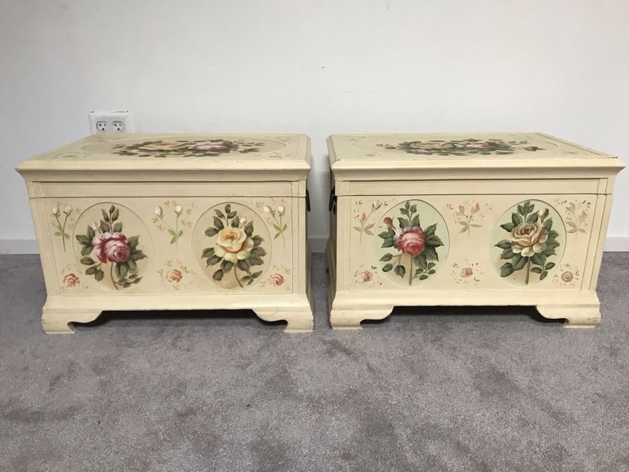 Pair Of Hand Painted Shabby Chic Trunks Chests 24W X 16D X 16H [Photo 1]