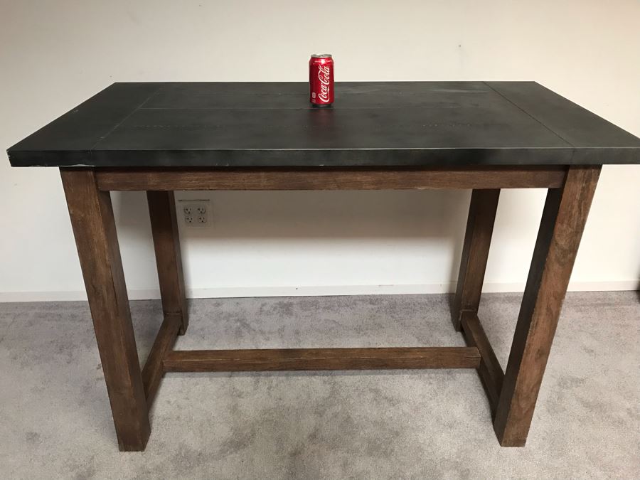 Crate & Barrel Metal Wrapped Top Wooden Industrial Bar Height Table 52W X 26D X 36H [Photo 1]
