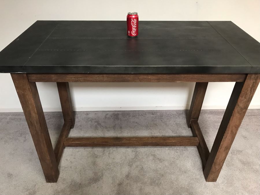 Crate & Barrel Metal Wrapped Top Wooden Industrial Bar Height Table 52W