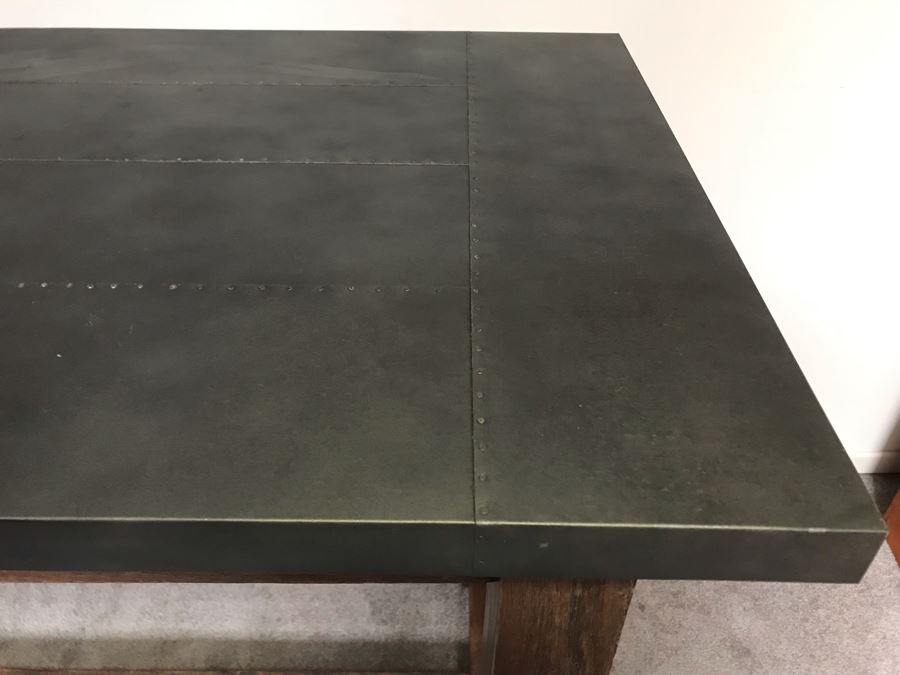 Crate & Barrel Metal Wrapped Top Wooden Industrial Bar Height Table 52W X 26D X 36H [Photo 5]