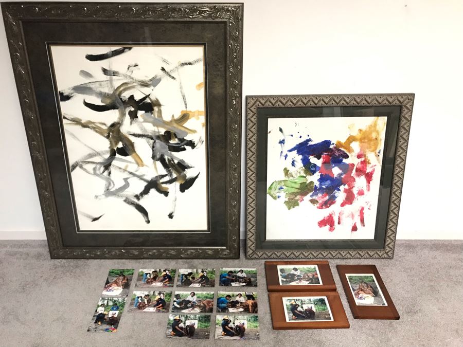 Pair Of Abstract Paintings Painted By Apes With Photographs 25 X 28, 32 X 41