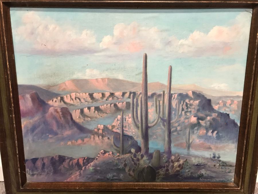 Vintage 1971 Original Plein Air Desert Landscape Painting Signed PeDrachman 24 X 20 [Photo 2]