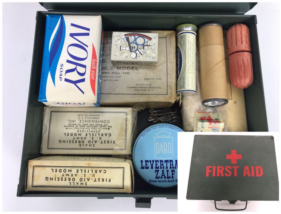 Vintage 1943 WWII Era Metal First Aid Kit Intact Appears Never Used