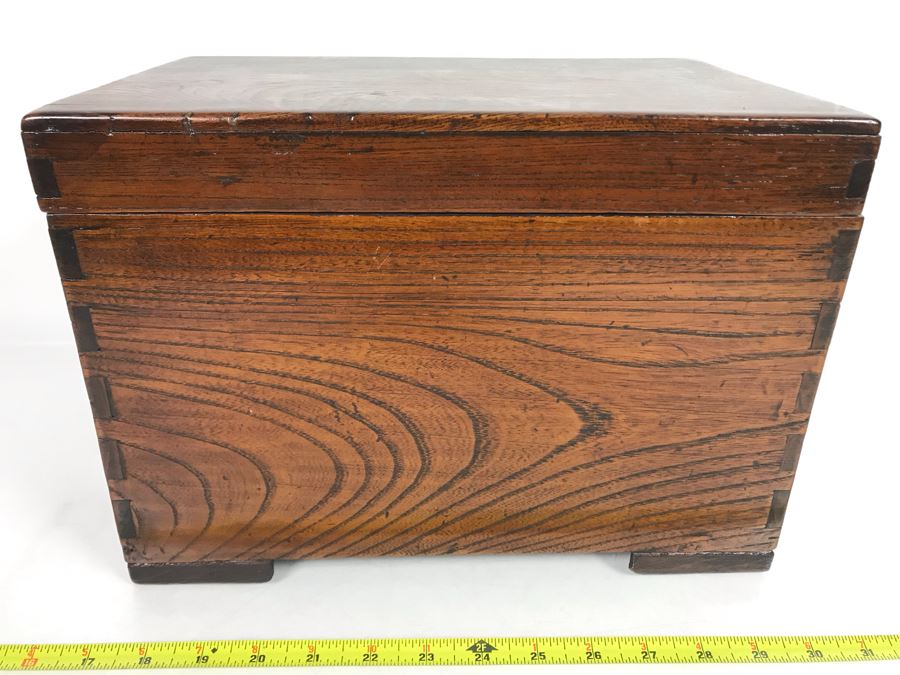 Antique Asian Wooden Tongue And Groove Box With Inner Wooden Removable Tray Writing On Bottom Of Box 13W X 9D X 9H - See Photos  [Photo 1]