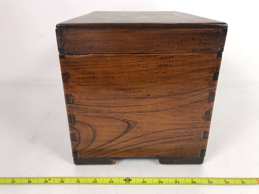 Antique Asian Wooden Tongue And Groove Box With Inner Wooden Removable Tray Writing On Bottom Of Box 13W X 9D X 9H - See Photos  [Photo 4]