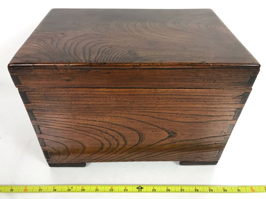 Antique Asian Wooden Tongue And Groove Box With Inner Wooden Removable Tray Writing On Bottom Of Box 13W X 9D X 9H - See Photos  [Photo 3]