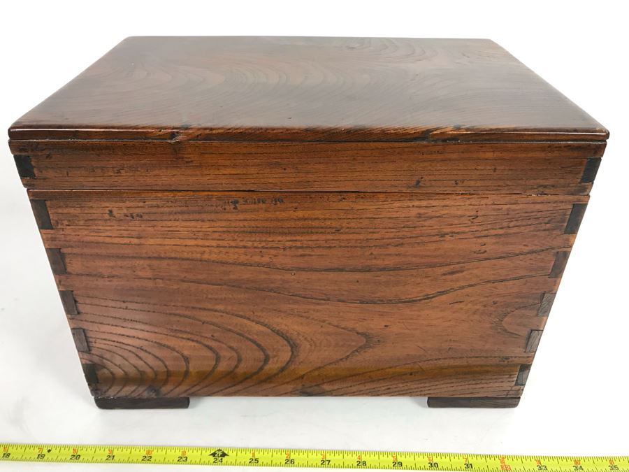 Antique Asian Wooden Tongue And Groove Box With Inner Wooden Removable Tray Writing On Bottom Of Box 13W X 9D X 9H - See Photos  [Photo 5]
