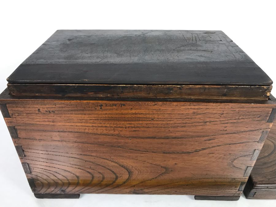 Antique Asian Wooden Tongue And Groove Box With Inner Wooden Removable Tray Writing On Bottom Of Box 13W X 9D X 9H - See Photos  [Photo 8]