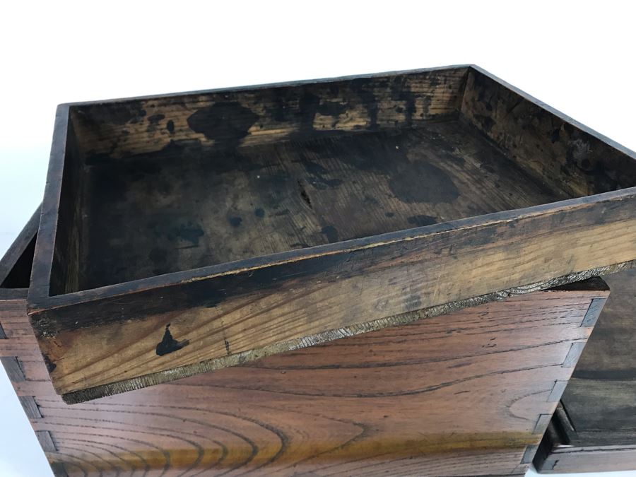 Antique Asian Wooden Tongue And Groove Box With Inner Wooden Removable Tray Writing On Bottom Of Box 13W X 9D X 9H - See Photos  [Photo 11]