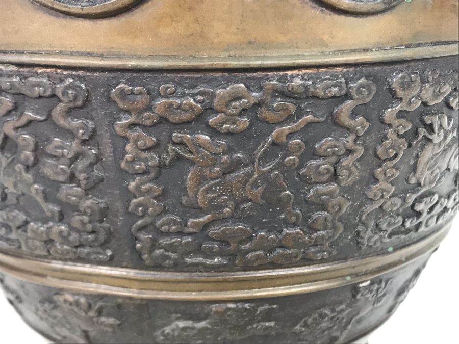 Antique Chinese Bronze Vase Ornately Decorated 9.5H X 8W HEAVY [Photo 8]