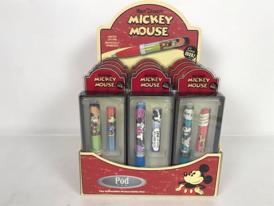 New Old Stock Walt Disney's Mickey Mouse Limited Edition Pod Pens - 12 Pens Total With Store Merchandiser
