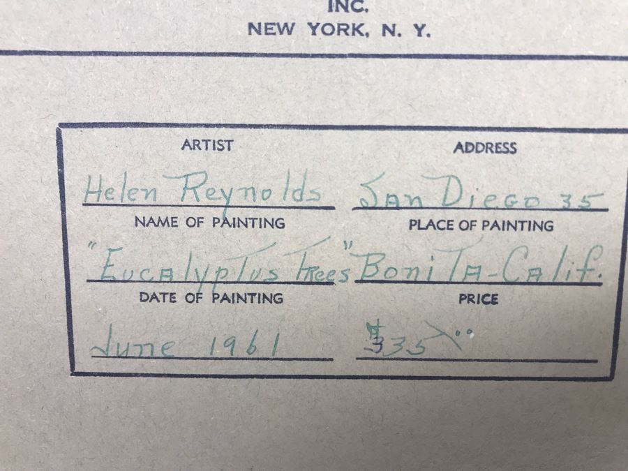 Vintage 1961 Original Helen Reynolds Plein Air Oil Painting Titled 'Eucalyptus Trees, Bonita, CA' 12 X 16 [Photo 12]