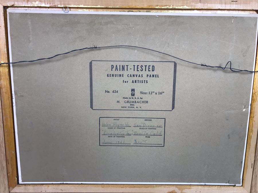 Vintage 1961 Original Helen Reynolds Plein Air Oil Painting Titled 'Eucalyptus Trees, Bonita, CA' 12 X 16 [Photo 10]