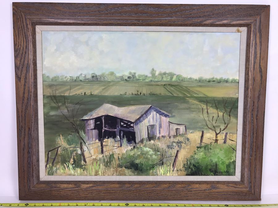Vintage Original Helen Reynolds Plein Air Oil Painting Of Old Barn In Farm Field 18 X 24