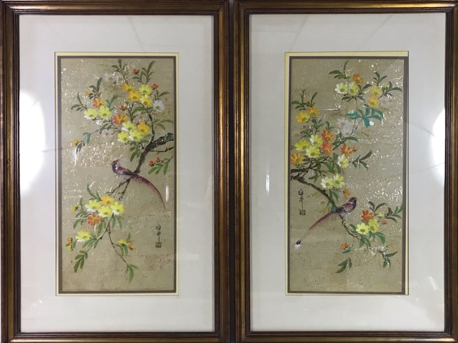 Pair Of Original Signed Chinese Bird On Tree Paintings 11W X 23H [Photo 3]