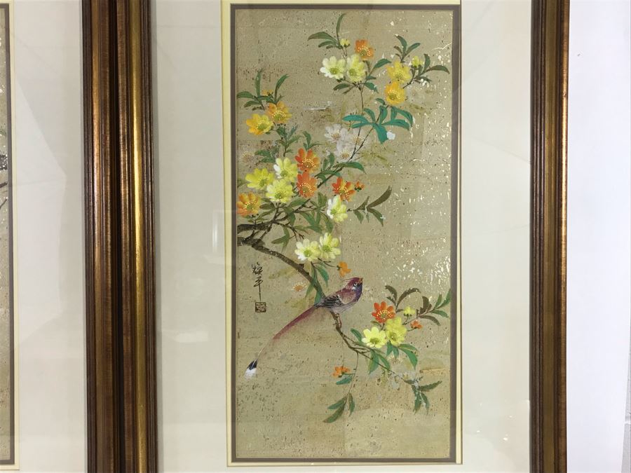Pair Of Original Signed Chinese Bird On Tree Paintings 11W X 23H [Photo 15]