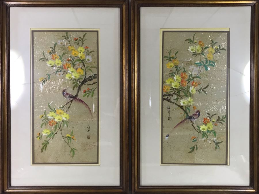 Pair Of Original Signed Chinese Bird On Tree Paintings 11W X 23H [Photo 2]