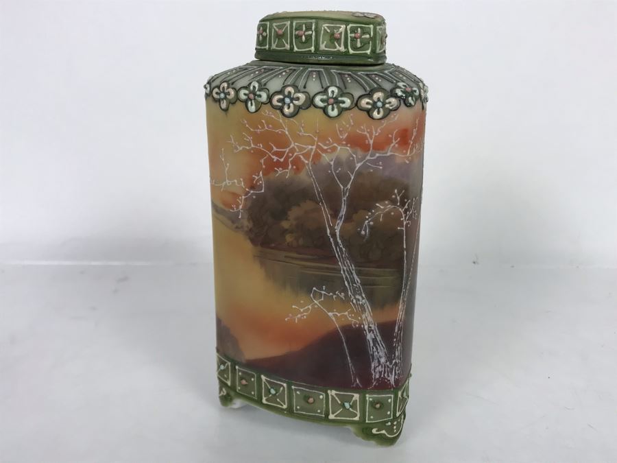 Stunning Japanese Hand Painted Nippon Footed Jar With Lid 6.5H [Photo 3]
