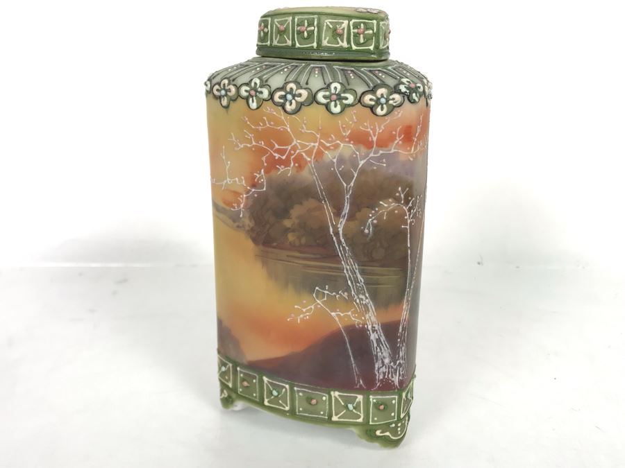 Stunning Japanese Hand Painted Nippon Footed Jar With Lid 6.5H [Photo 1]