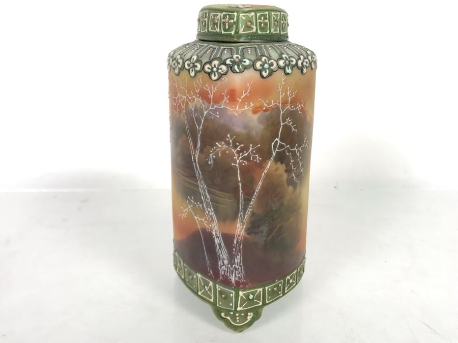 Stunning Japanese Hand Painted Nippon Footed Jar With Lid 6.5H [Photo 2]