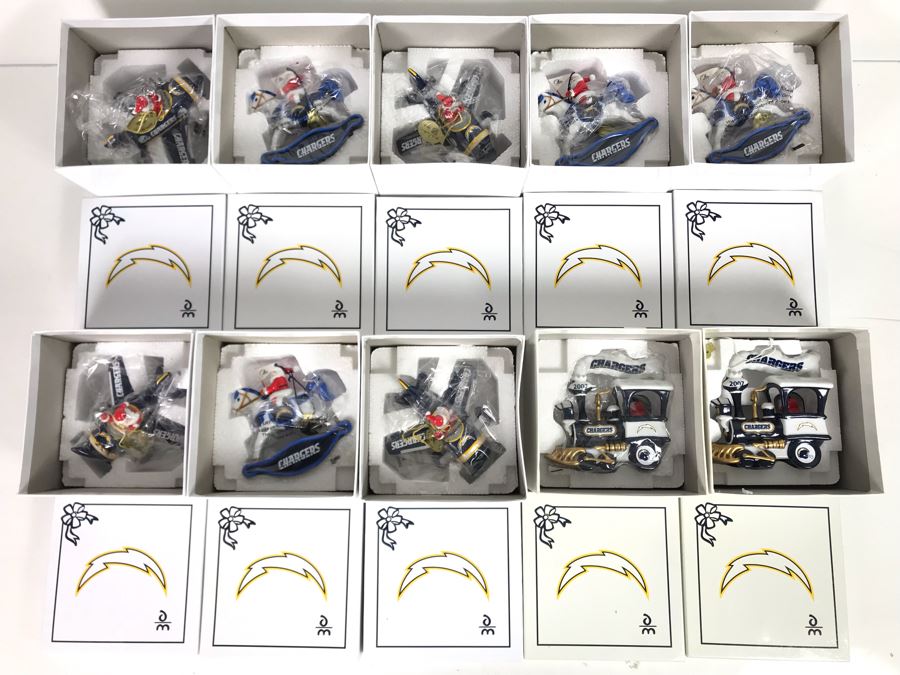 Collection Of (10) Danbury Mint San Diego Chargers Collectible Ornaments With Boxes