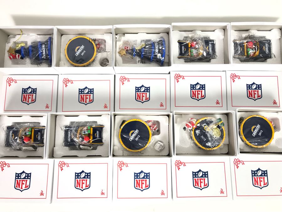 Collection Of (10) Danbury Mint San Diego Chargers NFL Collectible Ornaments With Boxes