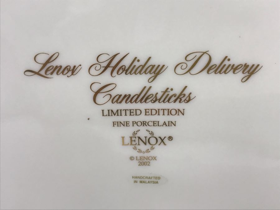 Limited Edition Fine Porcelain Lenox Holiday Delivery Candlesticks Ivory Fine China Painted By Hand And Accented With 24K Gold With Original Boxes 2002 [Photo 10]