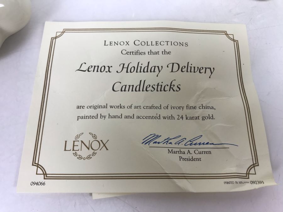 Limited Edition Fine Porcelain Lenox Holiday Delivery Candlesticks Ivory Fine China Painted By Hand And Accented With 24K Gold With Original Boxes 2002 [Photo 9]