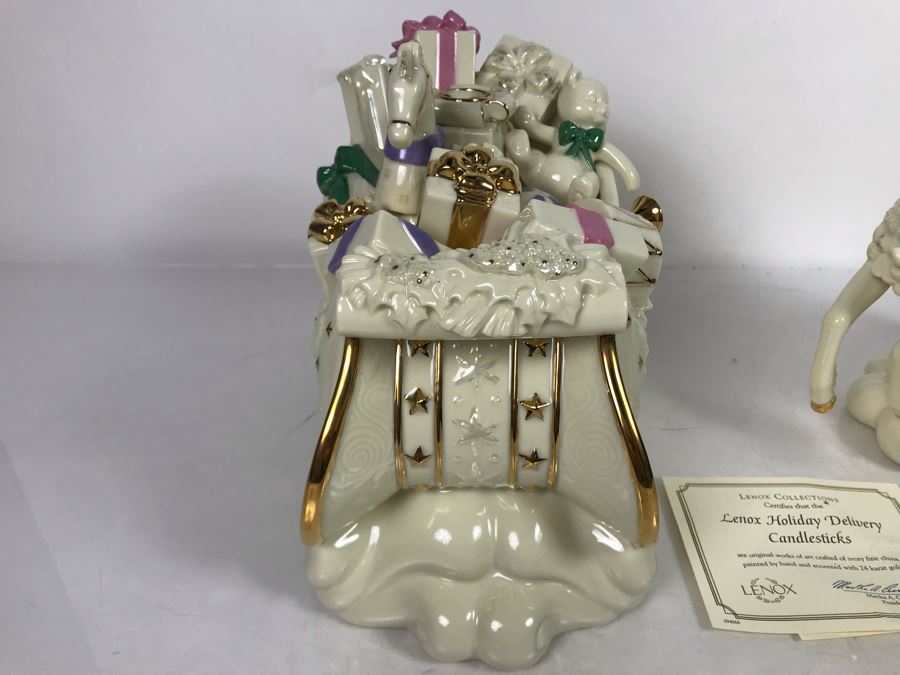 Limited Edition Fine Porcelain Lenox Holiday Delivery Candlesticks Ivory Fine China Painted By Hand And Accented With 24K Gold With Original Boxes 2002 [Photo 7]