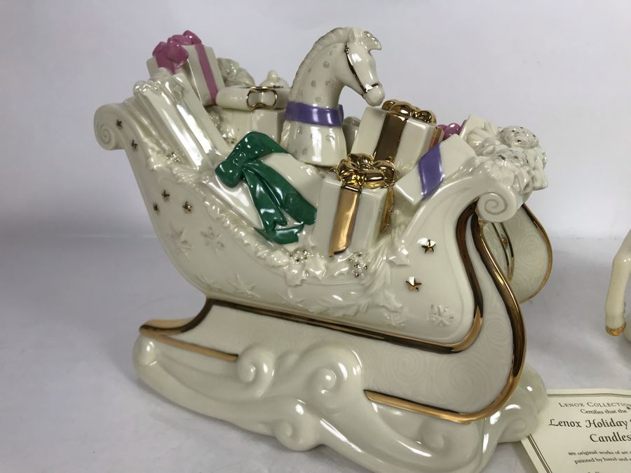 Limited Edition Fine Porcelain Lenox Holiday Delivery Candlesticks Ivory Fine China Painted By Hand And Accented With 24K Gold With Original Boxes 2002 [Photo 8]