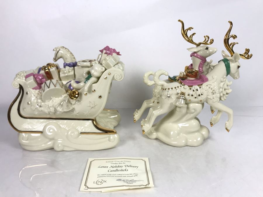Limited Edition Fine Porcelain Lenox Holiday Delivery Candlesticks Ivory Fine China Painted By Hand And Accented With 24K Gold With Original Boxes 2002 [Photo 1]