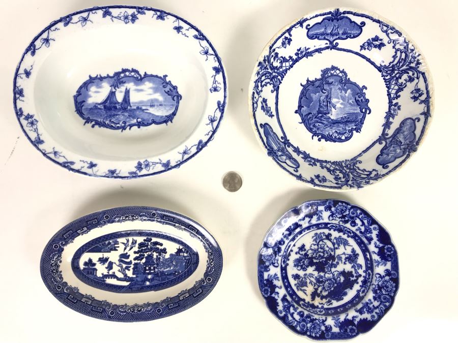 Collection Of (4) English Blue & White China Dishes: Brown-Westhead, Moore & Co Cauldon, Willow Johnson Bros [Photo 1]
