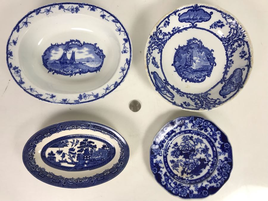 Collection Of (4) English Blue & White China Dishes: Brown-Westhead, Moore & Co Cauldon, Willow Johnson Bros [Photo 2]